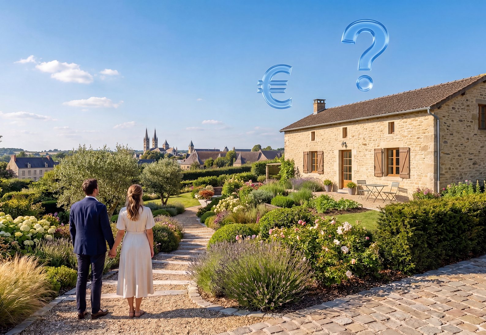 Couple devant une maison en pierre, au moment de définir le budget du projet